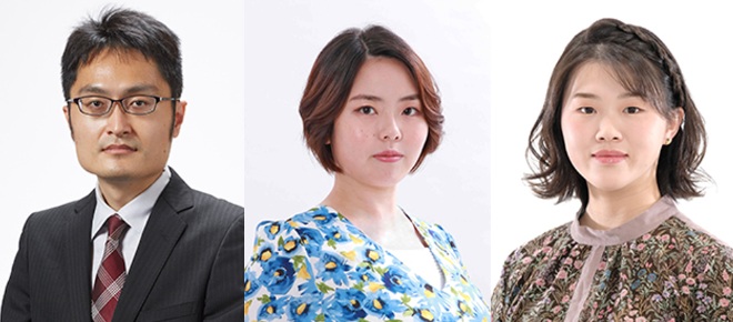 左から 解説／稲葉 陽 八段 聞き手／加藤桃子 女流四段 読み上げ／藤井奈々 女流初段