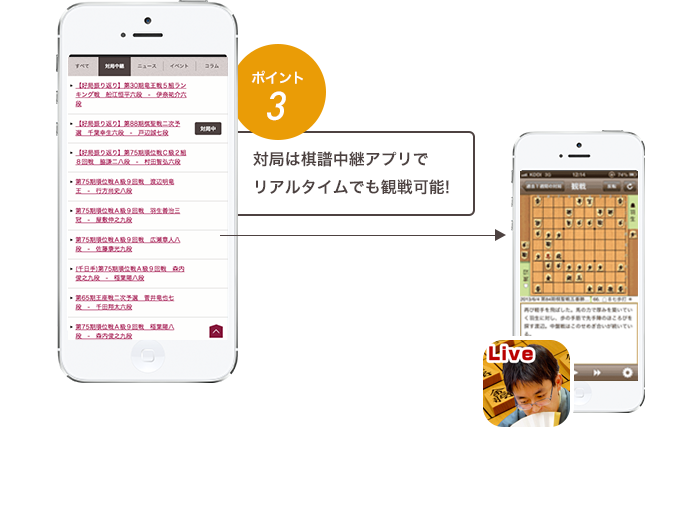 [ポイント3]対局は棋譜中継アプリでリアルタイムでも観戦可能!